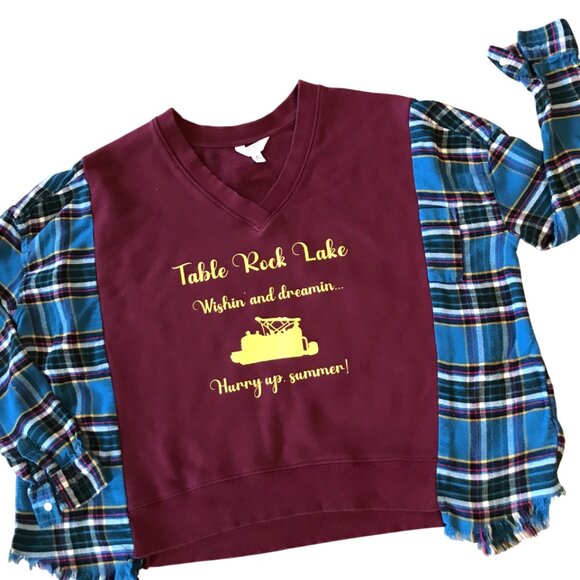 Upcycled Sweatshirt Flannel, M-XL: Oversized Table Rock Lake Pontoon Graphic Tee - Picture 10 of 10